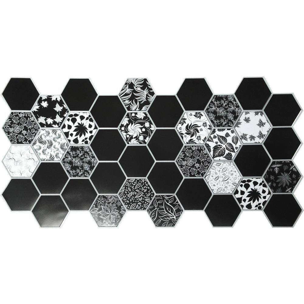 Dundee Deco 3D Falkirk Retro 101000 in. x 38 in. x 19 in. Black and White Hexagon Floral Mosaic PVC Wall Panel TP10018765