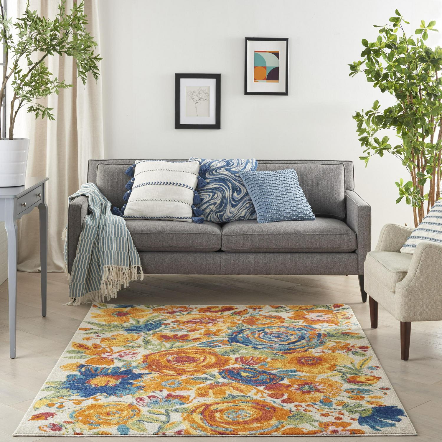 Nourison Allur Contemporary Floral Ivory Multicolor 53 x 73 Area Rug， (5and#8242; x 7and#8242;)