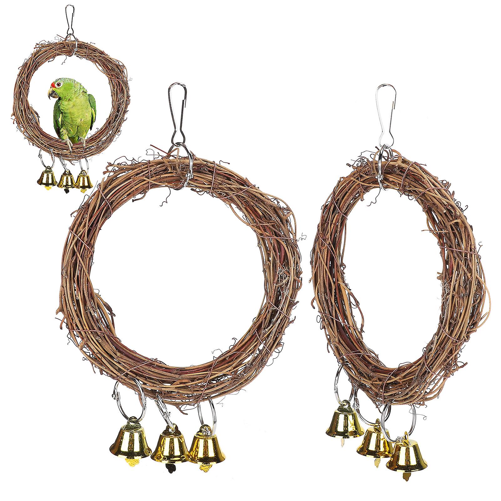 2pcs Parrots Swing With Bells Natural Rattan Hanging Chewing Biting Toys Birds Supplies