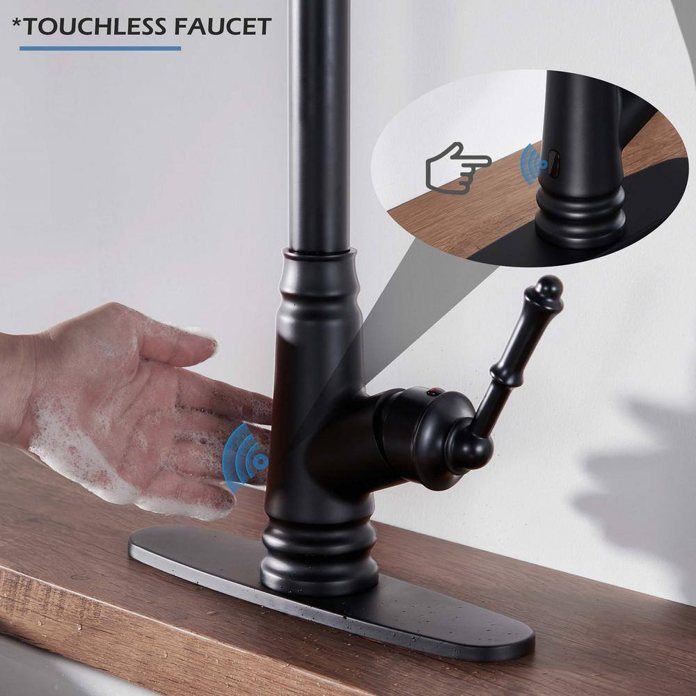 ELLOALLO Touchless Single Handle Deck Mount Gooseneck Pull Down Sprayer Kitchen Faucet with Deckplate in Matte Black EKF-B-T812