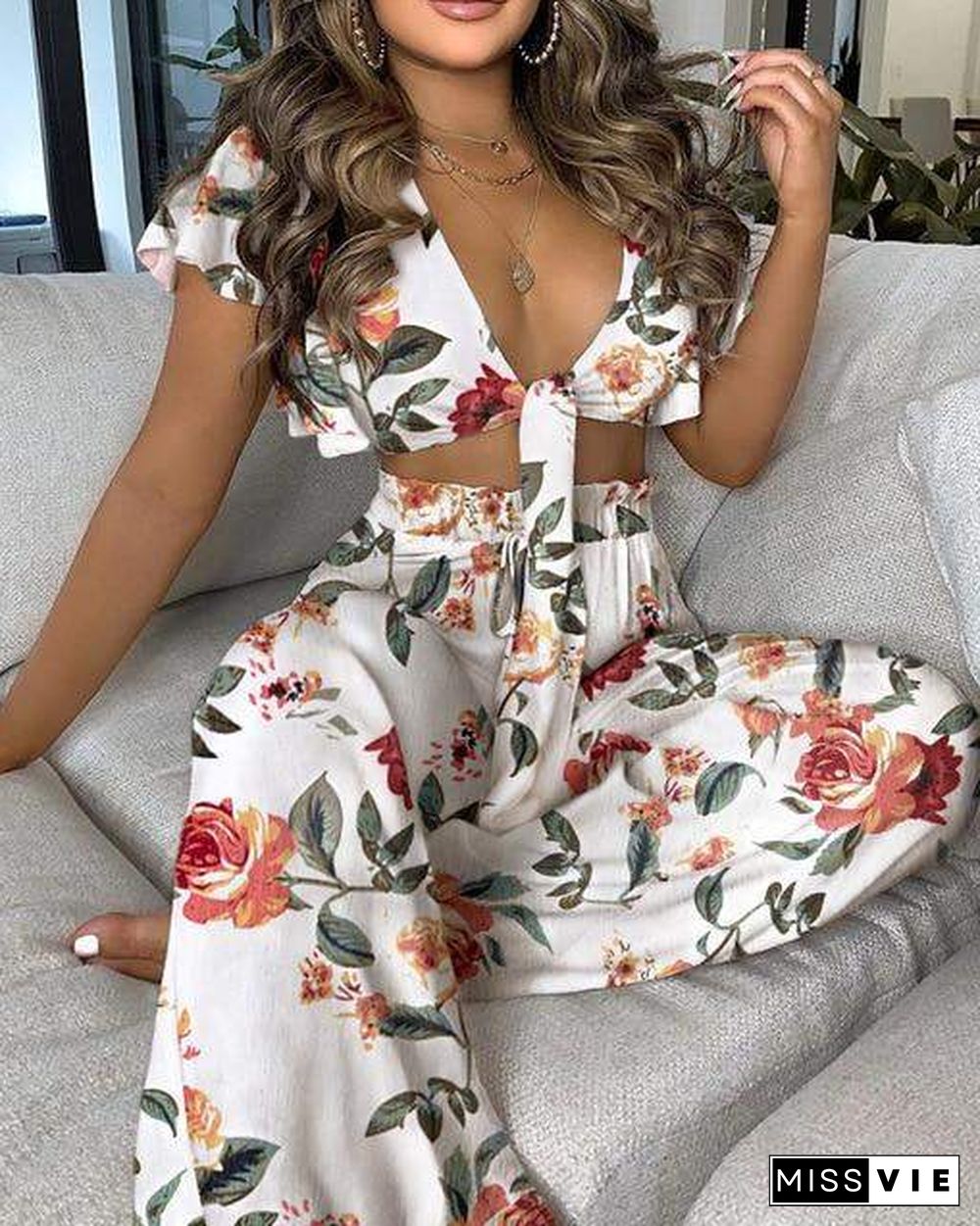 Two Piece Set Women Clothes For Ladies Outfits Ruffle Trim Knotted Crop Top & High Waist Wide Leg Pants Set Colorblock Ruffles