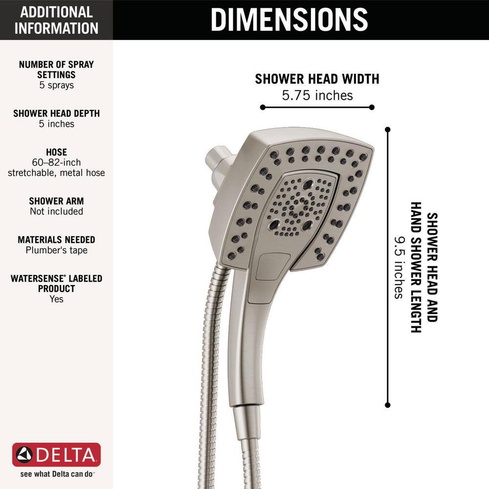 Delta In2ition 5-Spray Patterns 1.75 GPM 5.75 in. Wall Mount Dual Shower Heads in Lumicoat Stainless 58474-SS-PR