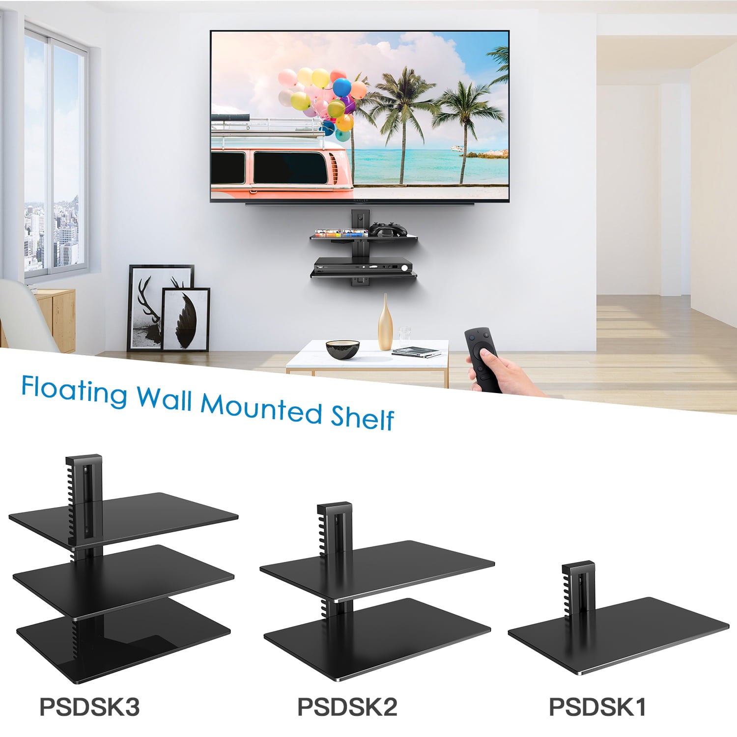 Wall Mounted 2 Tiers Glass AV Mount Shelf for Xbox /Cable Boxes/Gaming Systems,Holds up to 35.2 lbs