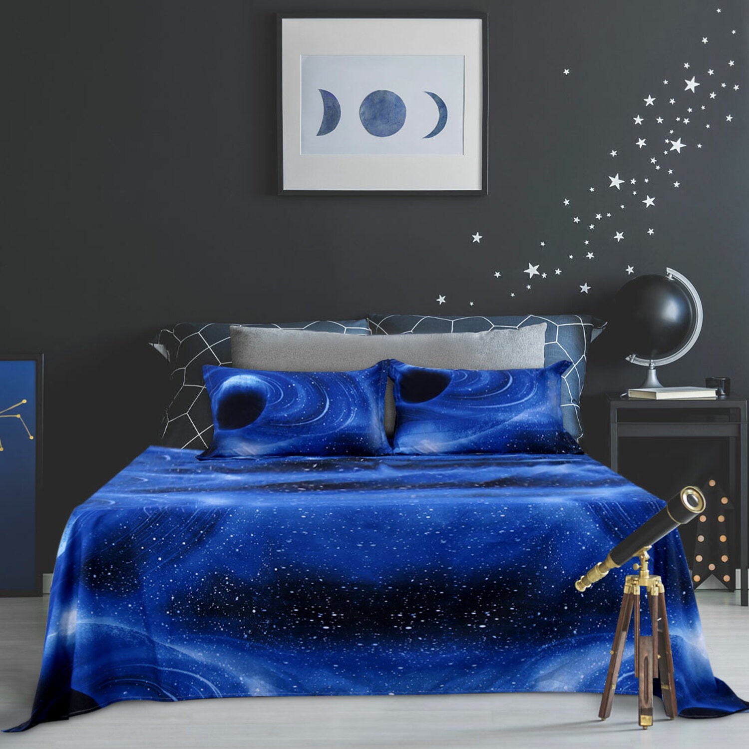 PiccoCasa Soft Polyester Galaxy Stars Themed Bed Sheet Set 3-Pieces， Blue Queen