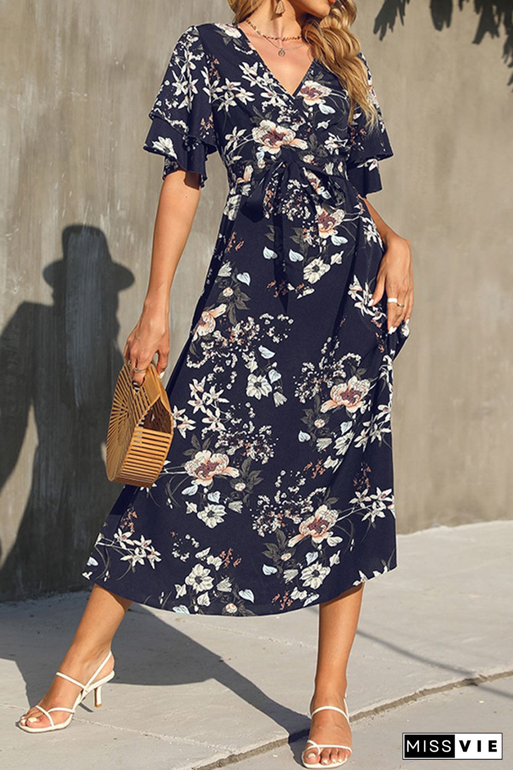 Floral Print V-neck Tie Waist Maxi Dress Wholesale