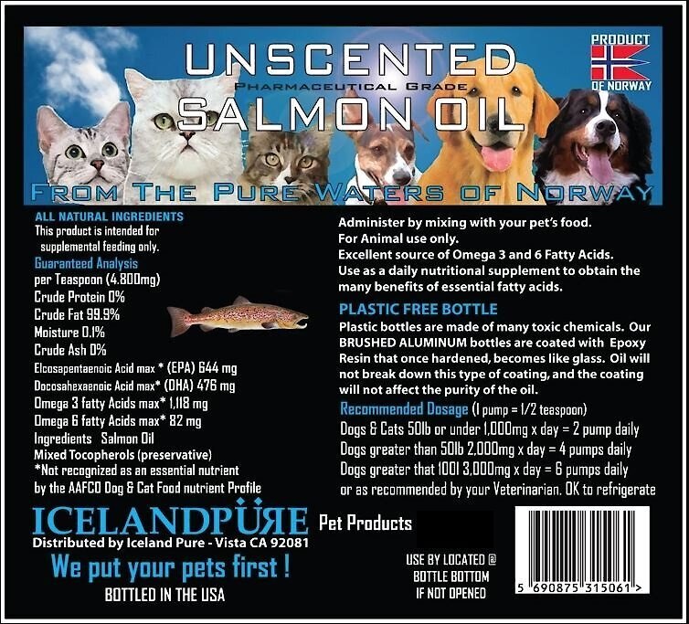 Iceland Pure Pet Products Unscented Pharmaceutical Grade Salmon Oil Liquid Dog and Cat Supplement