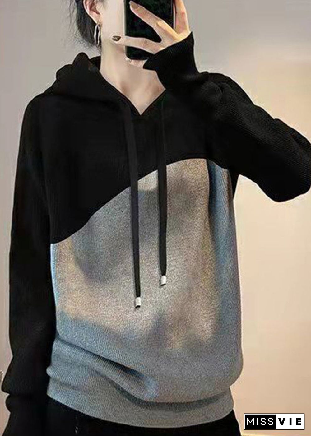 Casual Black Grey drawstring Hooded Patchwork Knit Sweatshirts Top Spring