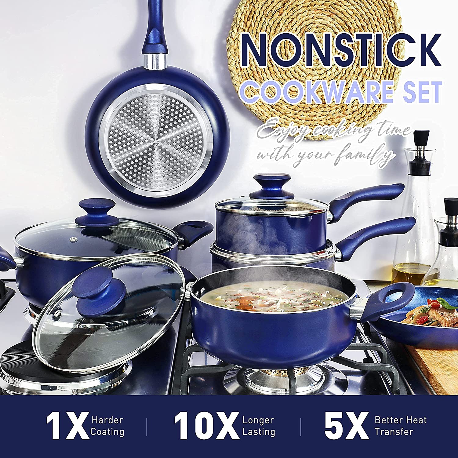 6 Pieces Pots and Pans Set,Aluminum Cookware Set, Nonstick Ceramic Coating, Fry Pan, Stockpot with Lid, Blue