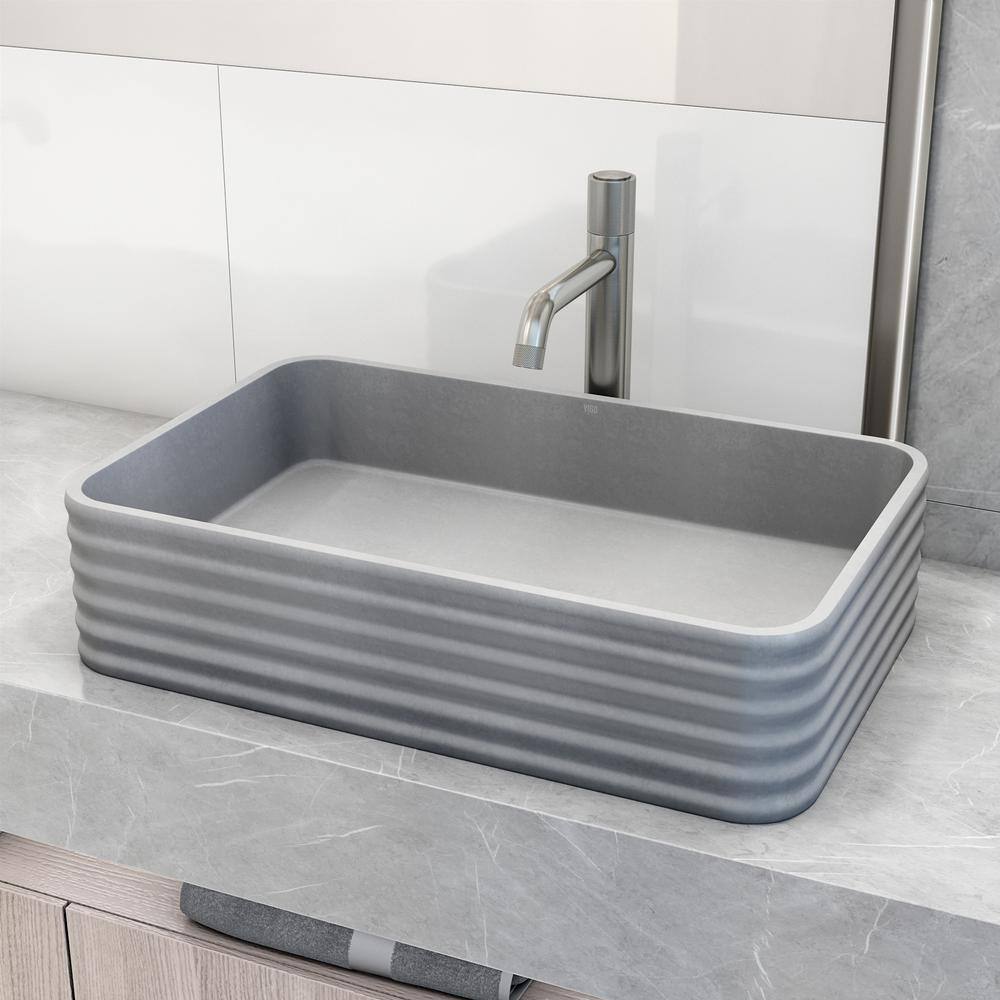 VIGO Cadman Modern Gray Concreto Stone 21 in. L x 14 in. W x 5 in. H Rectangular Fluted Bathroom Vessel Sink VG04074