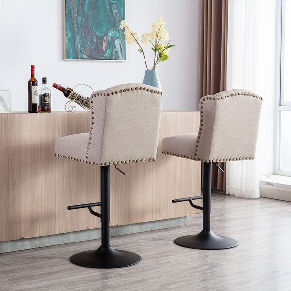 Swivel Bar Stools Chair Set of 2 Adjustable Counter Height Linen Upholstered Stool with Tufted Wing Back in Cream