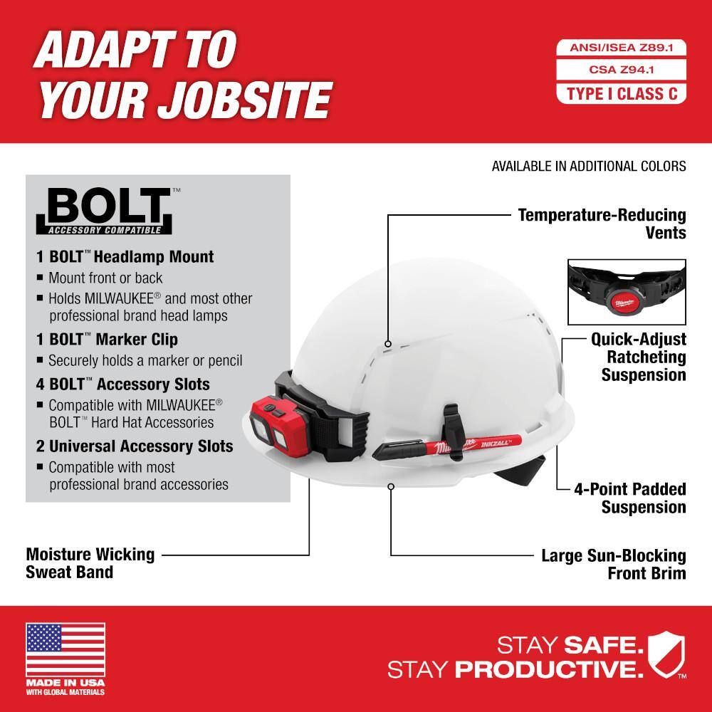 MW BOLT White Type 1 Class C Front Brim Vented Hard Hat with 4 Point Ratcheting Suspension Dual Coat Lens Full Face Shield 48-73-1200-48-73-1420