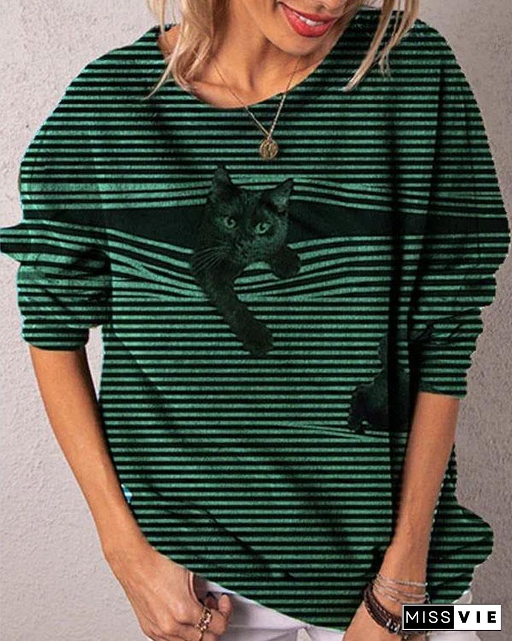 Casual Stripe Black Cat Long Sleeve Pullover T-shirts