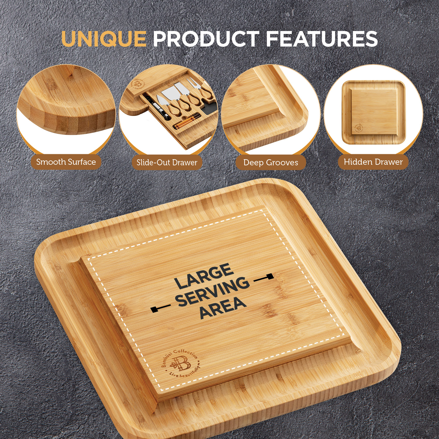 Bamboo Cheese Board with Cutlery Set，， Includes 4 Stainless Steel Serving Utensils， 3 Labels and 2 Chalk Markers