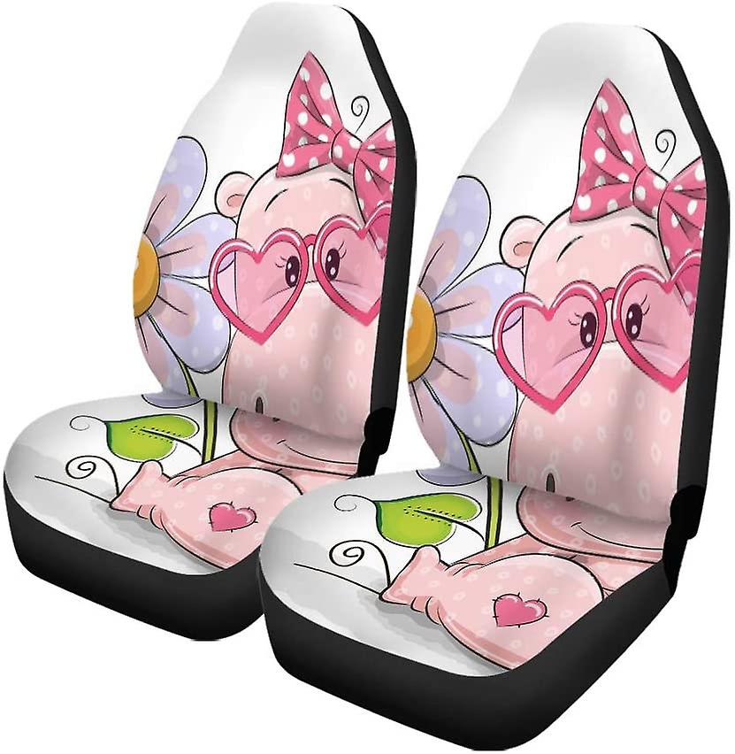 Set Of 2 Car Seat Covers Pink Baby Hippo Flower On Beautiful Big Birthday Cartoons Universal Auto Front Seats Protector Fits