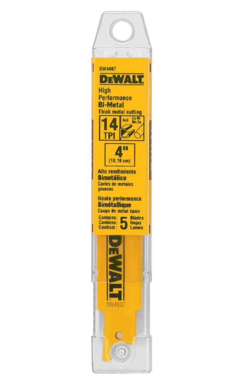 DEWALT 4 in. 14 TPI Straight Back Bi-Metal Reciprocating Blade (5 pack) DW4807 from DEWALT