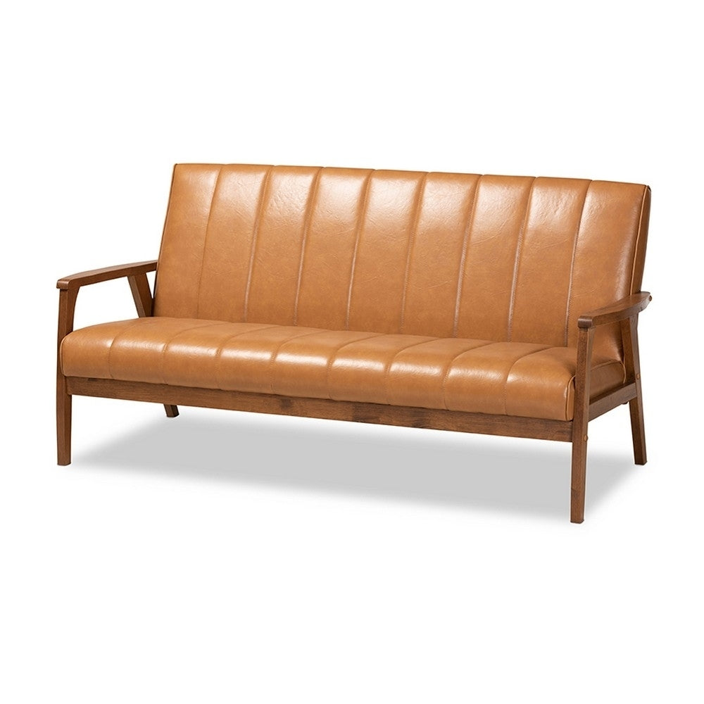 Nikko Mid-century Modern Tan Faux Leather Upholstered and Walnut Brown finished Wood Sofa