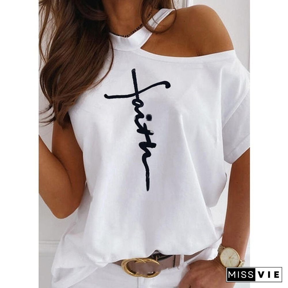 Women Fashion Loose Casual Summer T-shirt Short Sleeve Cotton Tops Plus Size Off Shoulder Print T Shirts