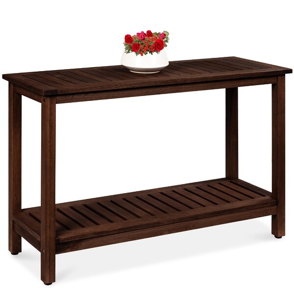 48in 2Shelf Eucalyptus Wooden Console Table Indoor Outdoor Multifunctional Buffet Bar Storage Organizer w/Foot Sliders