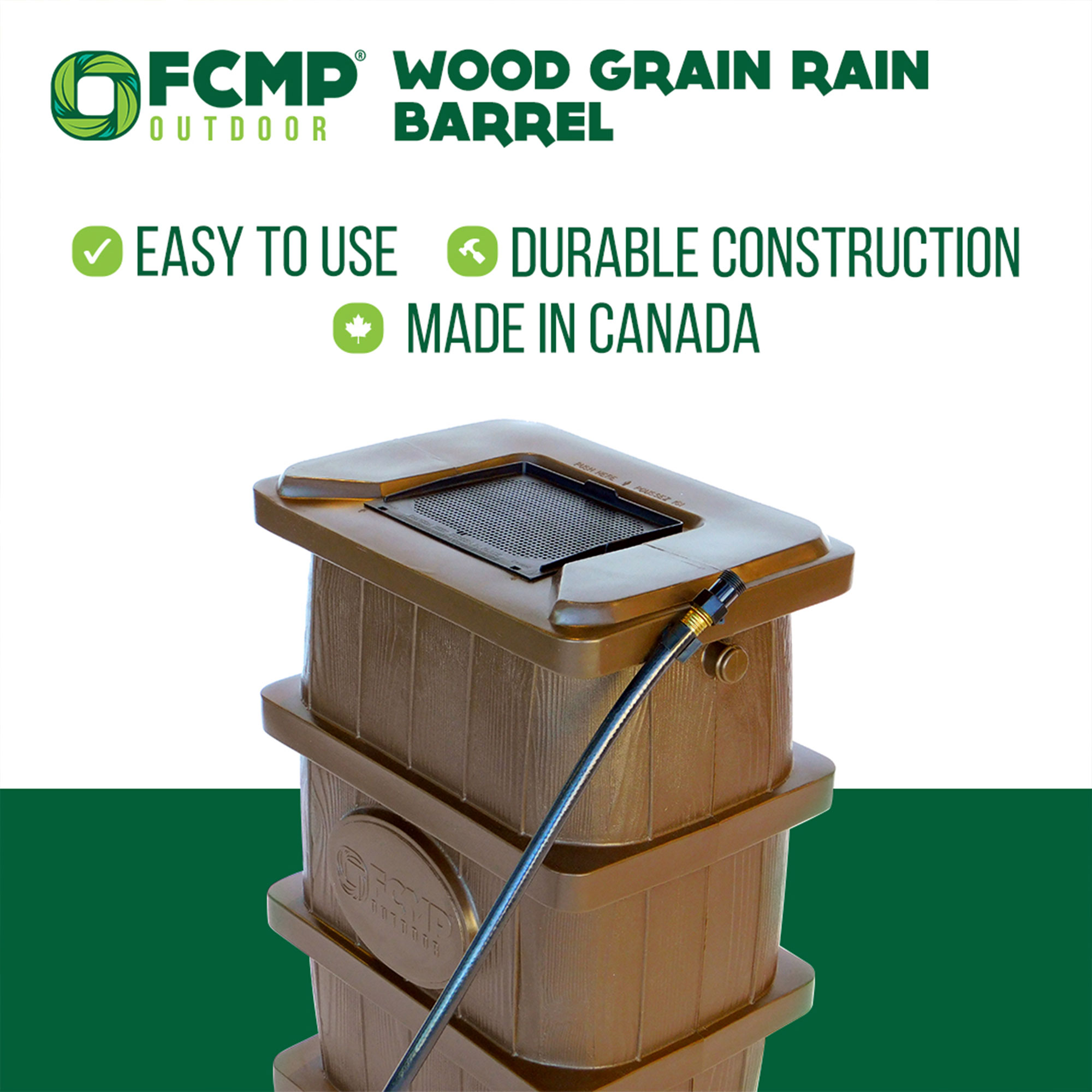 FCMP Outdoor WG4000 45 Gallon Wood Grain Rain Water Catcher Barrel， Brown