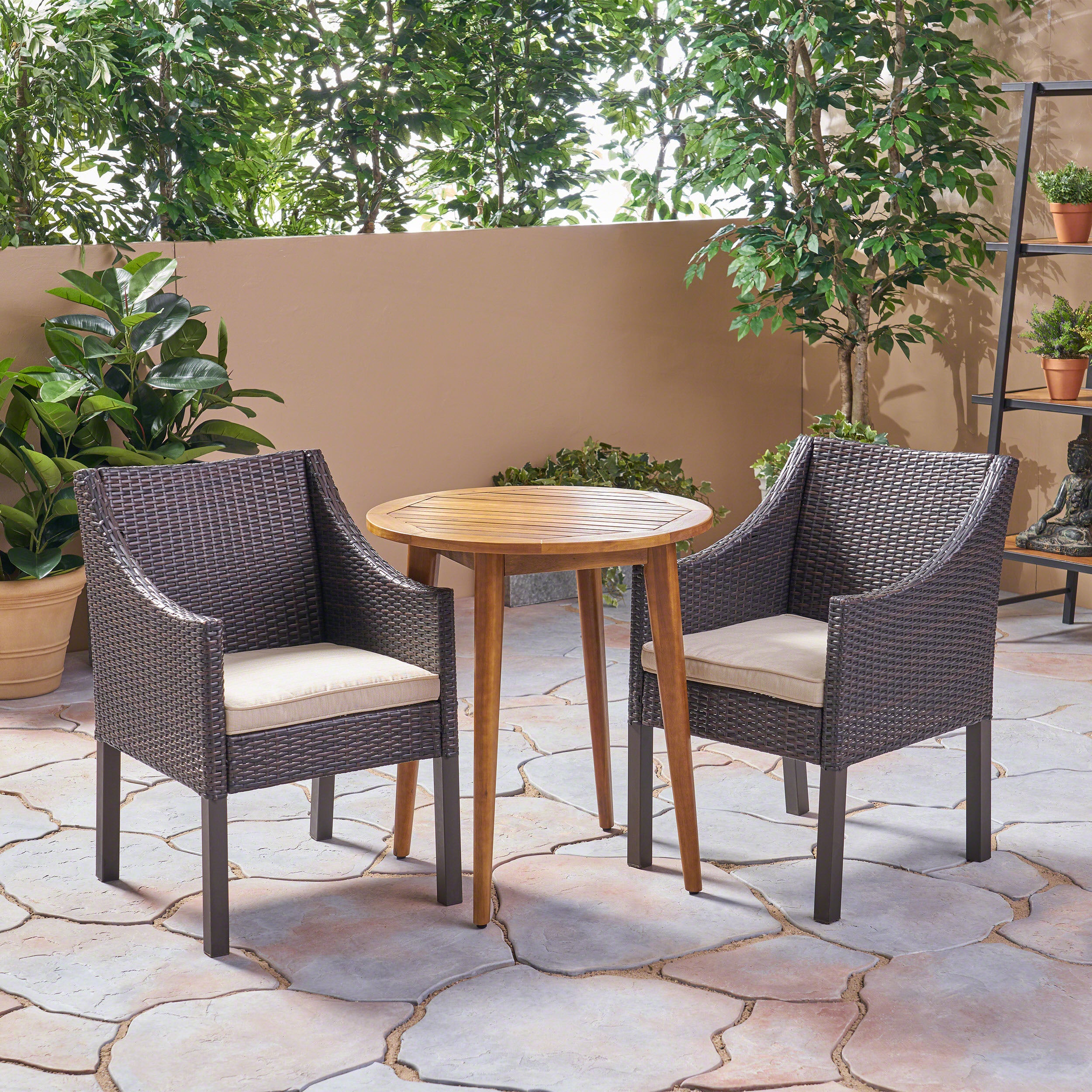 Jean Outdoor 3 Piece Wood  and Wicker Bistro Set