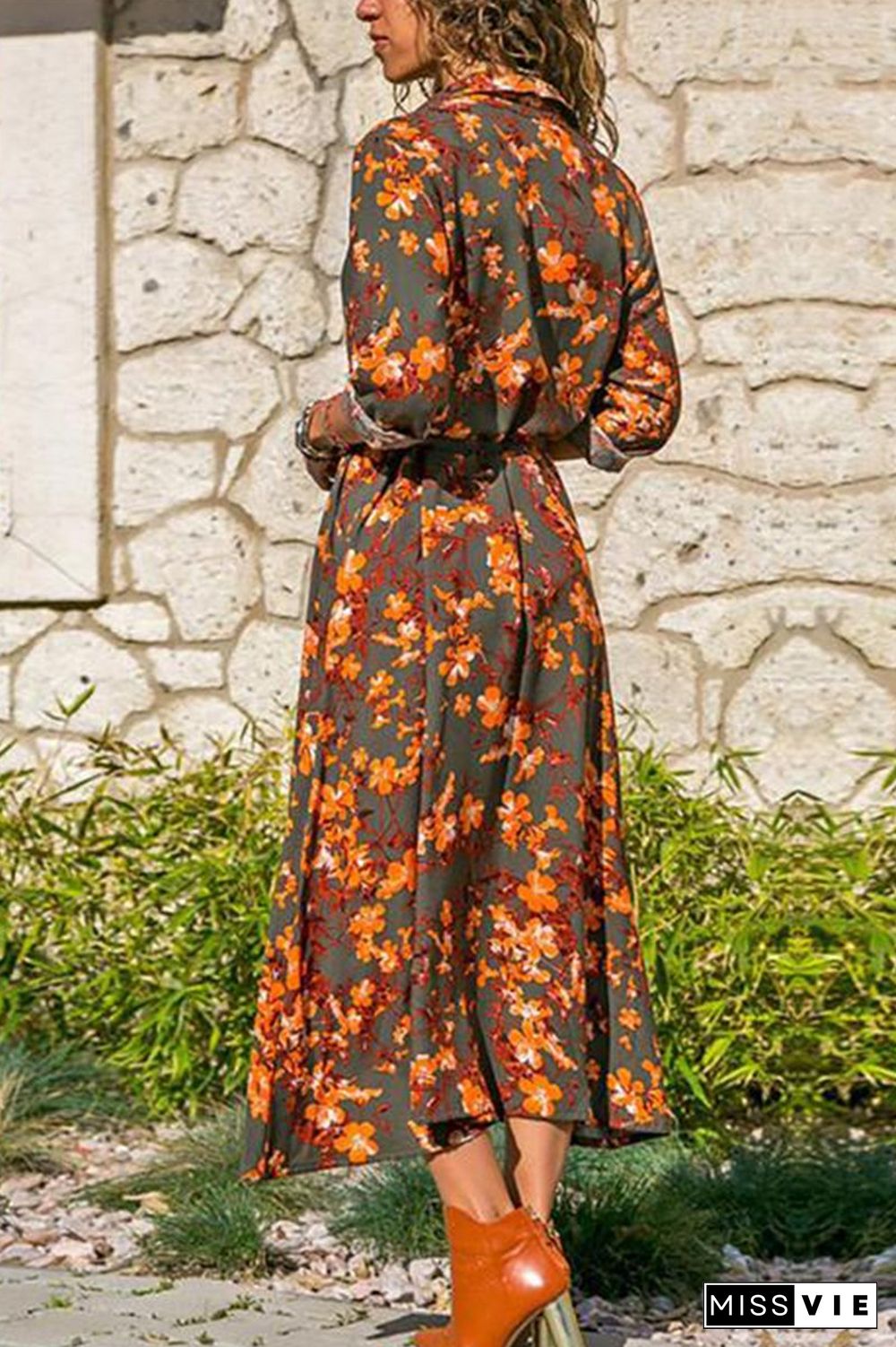 Printed Long Sleeve 4 Colors Midi Dress