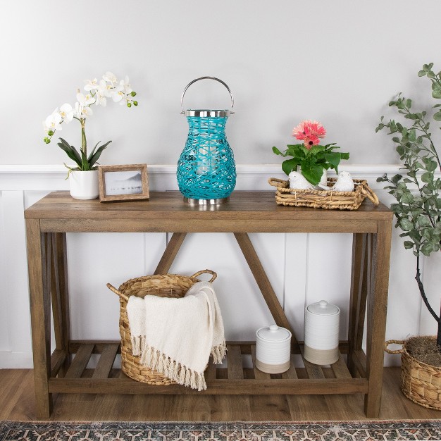 Turquoise Woven Metal Hurricane Pillar Candle Lantern