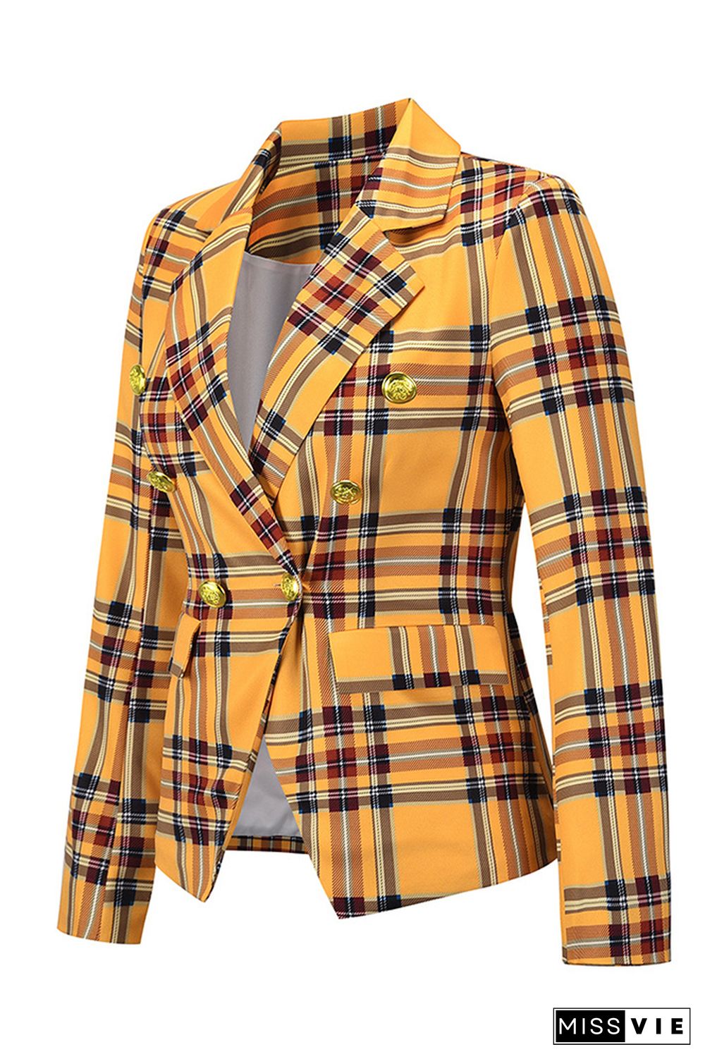 Plaid Turn Lapel Collar Pockets Blazer Women Wholesale