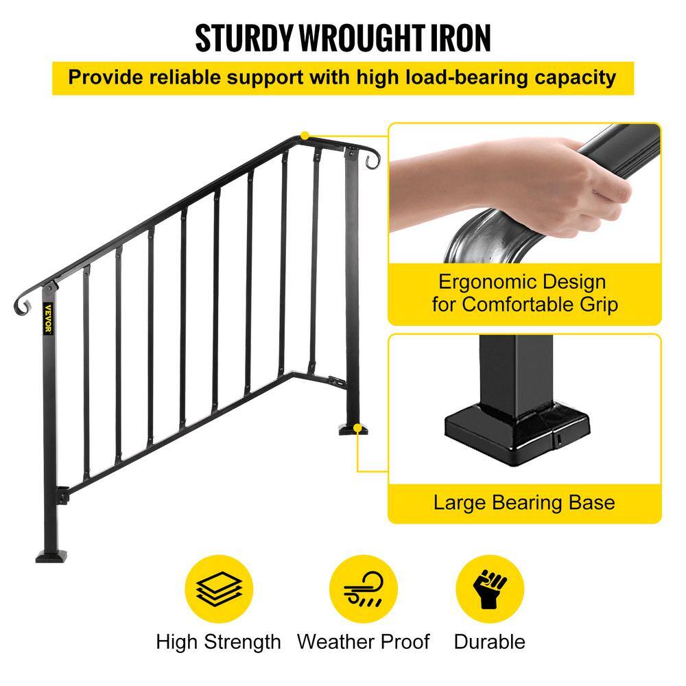 VEVOR 3 ft. Handrails for Outdoor Steps Fit 3 or 4 Steps Outdoor Stair Railing Wrought Iron Handrail with baluster Black LTFS3H4BHSTL00001V0