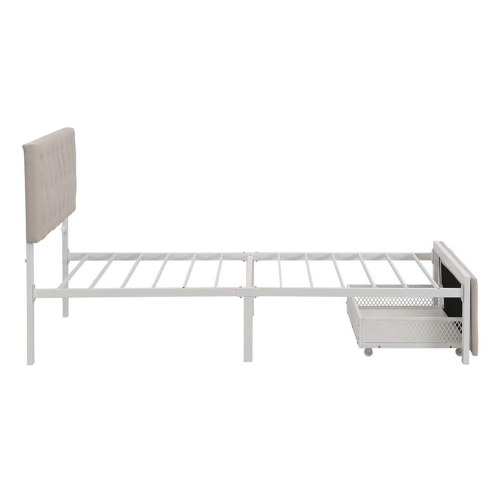 Metal Storage Platform Bed with Big Drawer   Linen Upholstered Headboard