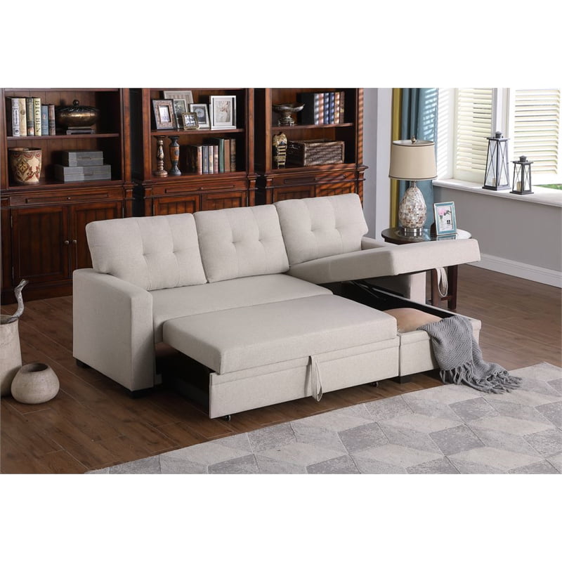 Pemberly Row Polyester Fabric Reversible Sleeper Sectional Sofa in Beige