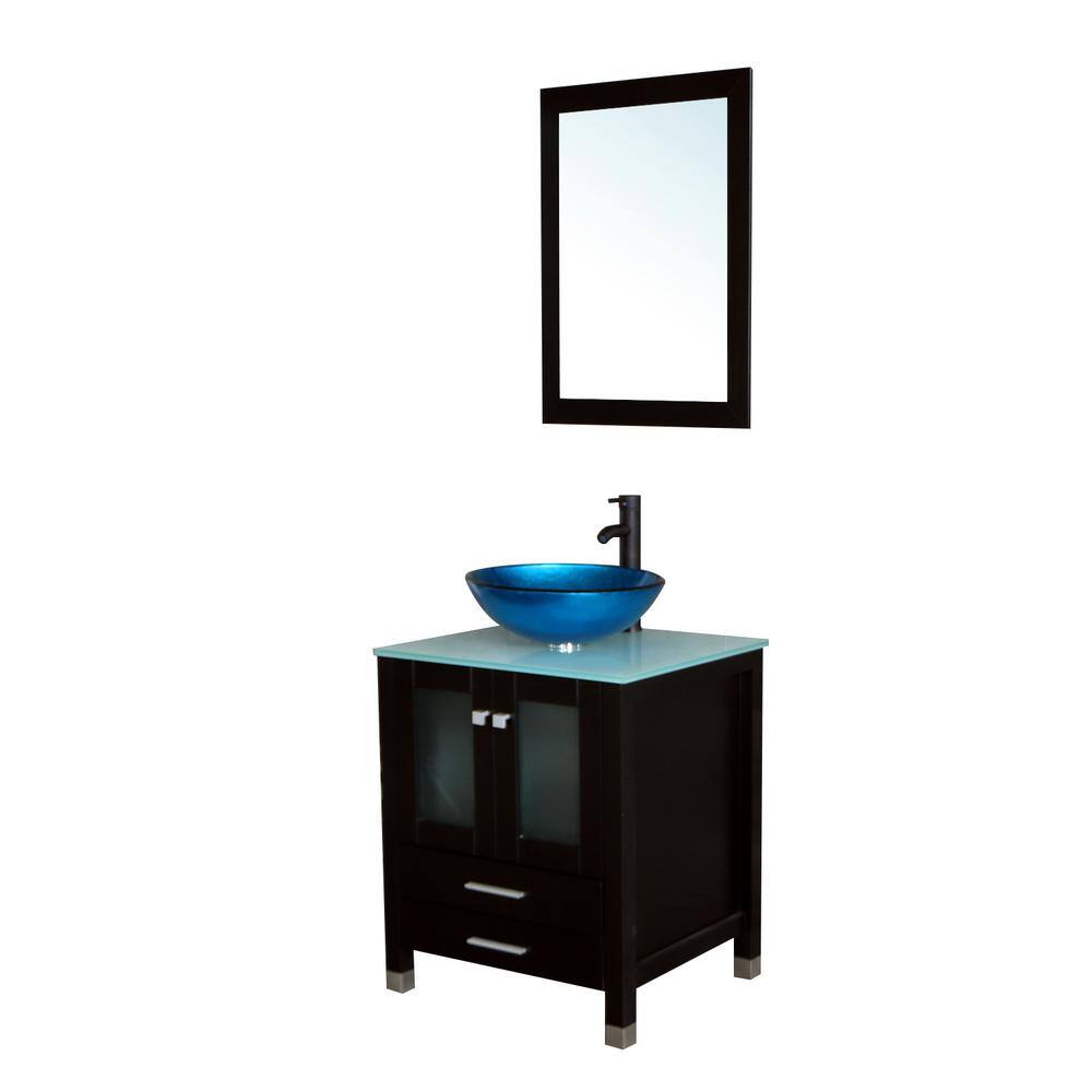 walsport 24 in. W x 21.7 in. D x 29.5 in. H Single Sink Bath Vanity in Black with Glass Top and Mirror USBR4181+USBR1003