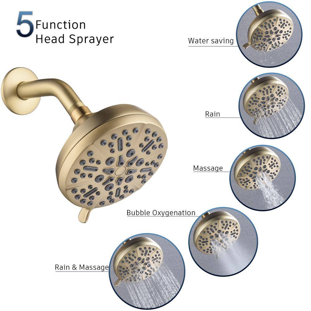 Boyel Living 5-Spray Patterns 5 in. Wall Mount Fixed Shower Head with 2.5 GPM and Stainless Steel Shower Arm in Brushed Gold TWSHA015-5BG