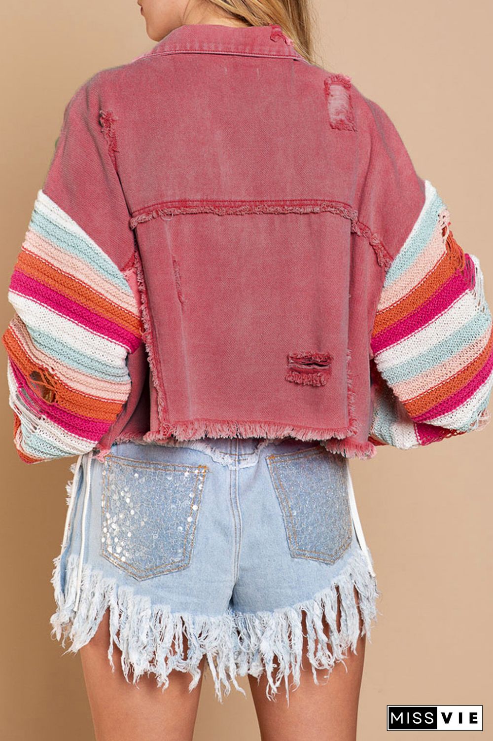 Rainbow Knitting Sleeve Patchwork Ripped Denim Jacket