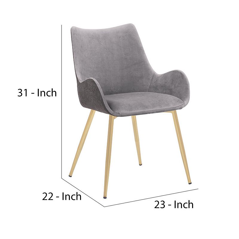 22 Inch Fabric Upholstered Dining Side Chair， Sloped Arms， Metal Legs， Gray