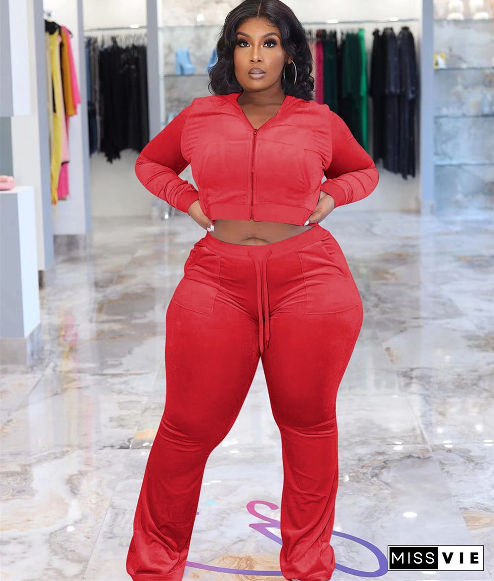 Plus Size Velvet Hooded Jacket Wide Leg Pants Suit