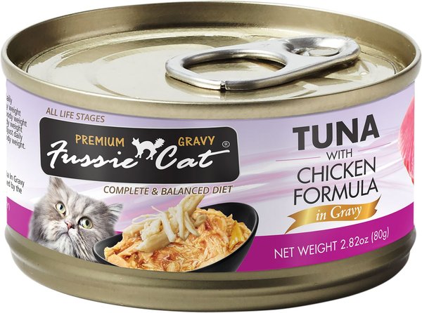 Fussie Cat Tuna with Chicken in Gravy Wet Cat Food， 2.82-oz can， case of 24