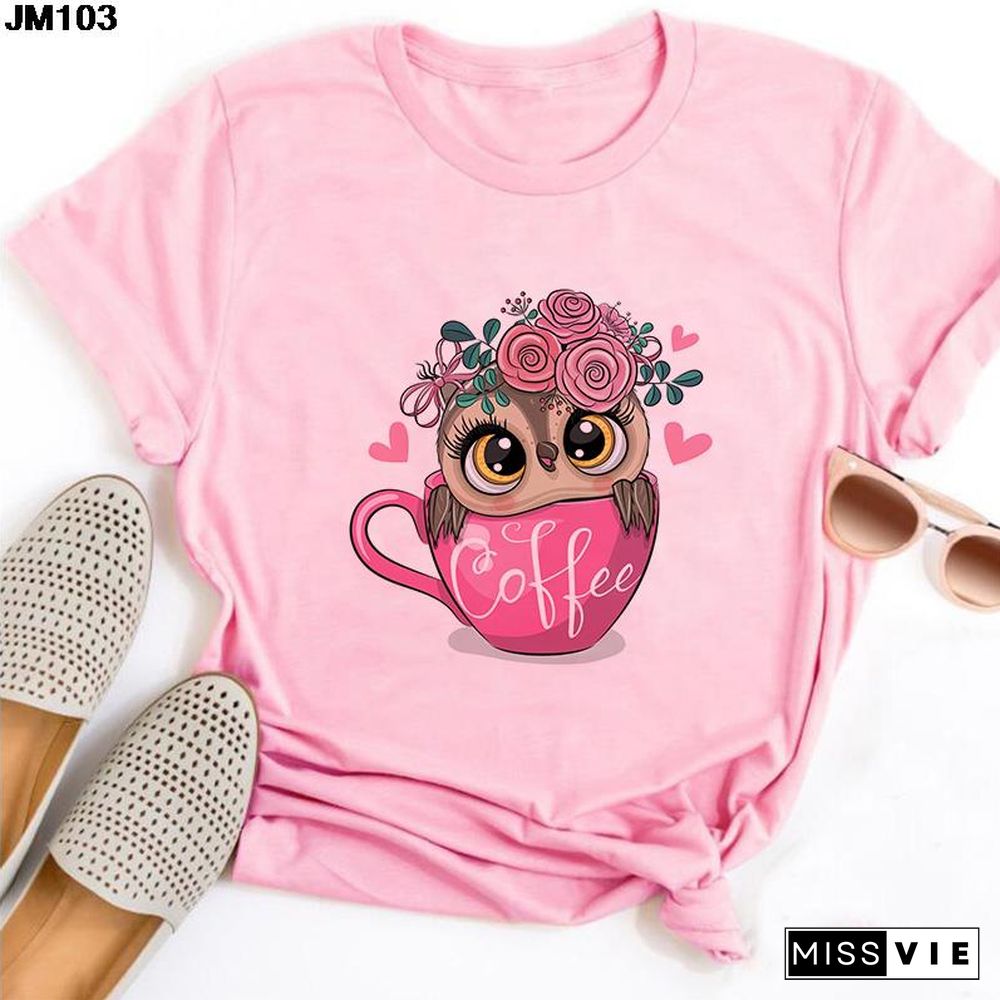 Gothic Women Cute Owl Printed T-Shirt All Seasons Fashion Thin Short Sleeve Tees Harajuku Casual Pink Top Female Clothing Tshirt