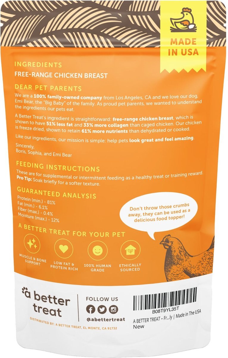 A Better Treat Freeze Dried Chicken Breast Dog and Cat Treat， 3-oz bag