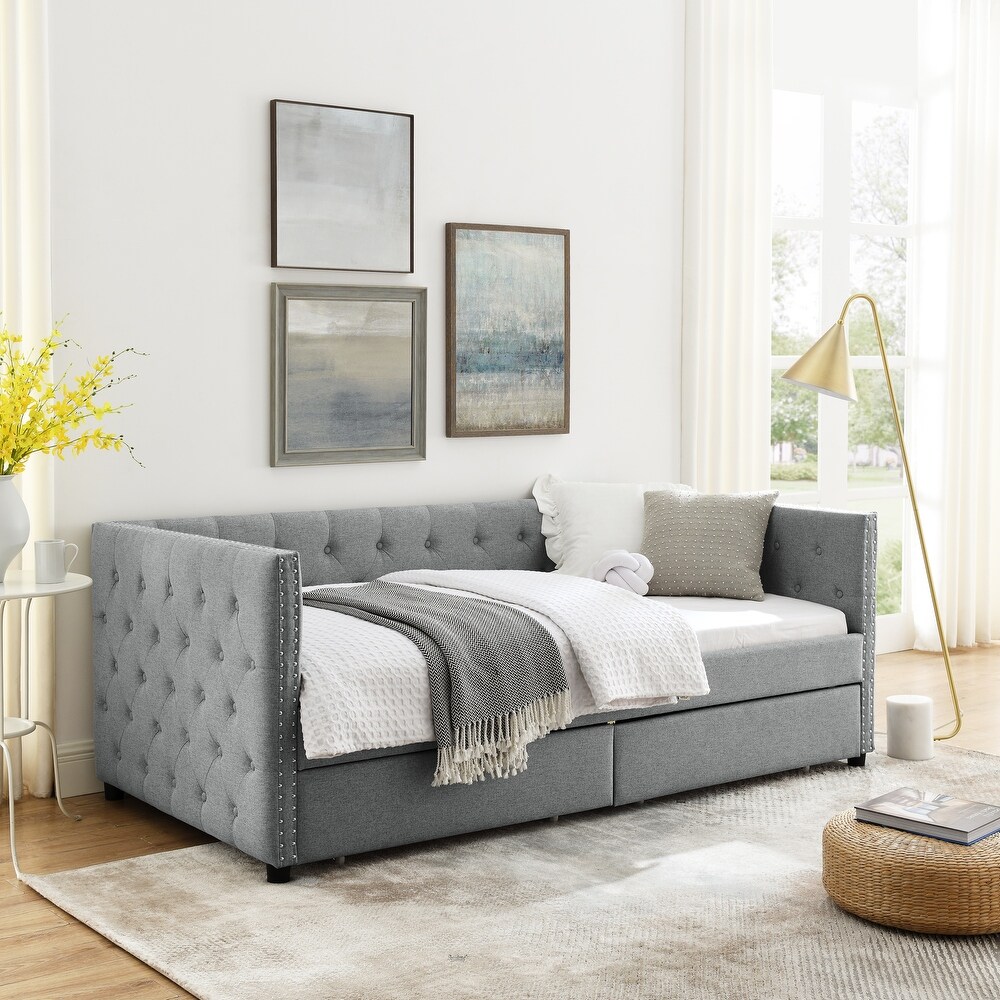 Upholstered Twin Size Daybed with Two Drawers