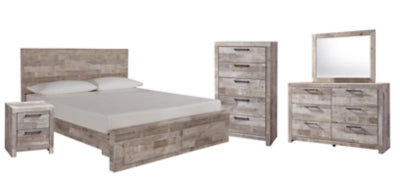 Effie Whitewash King Storage Bed with Dresser and Mirror