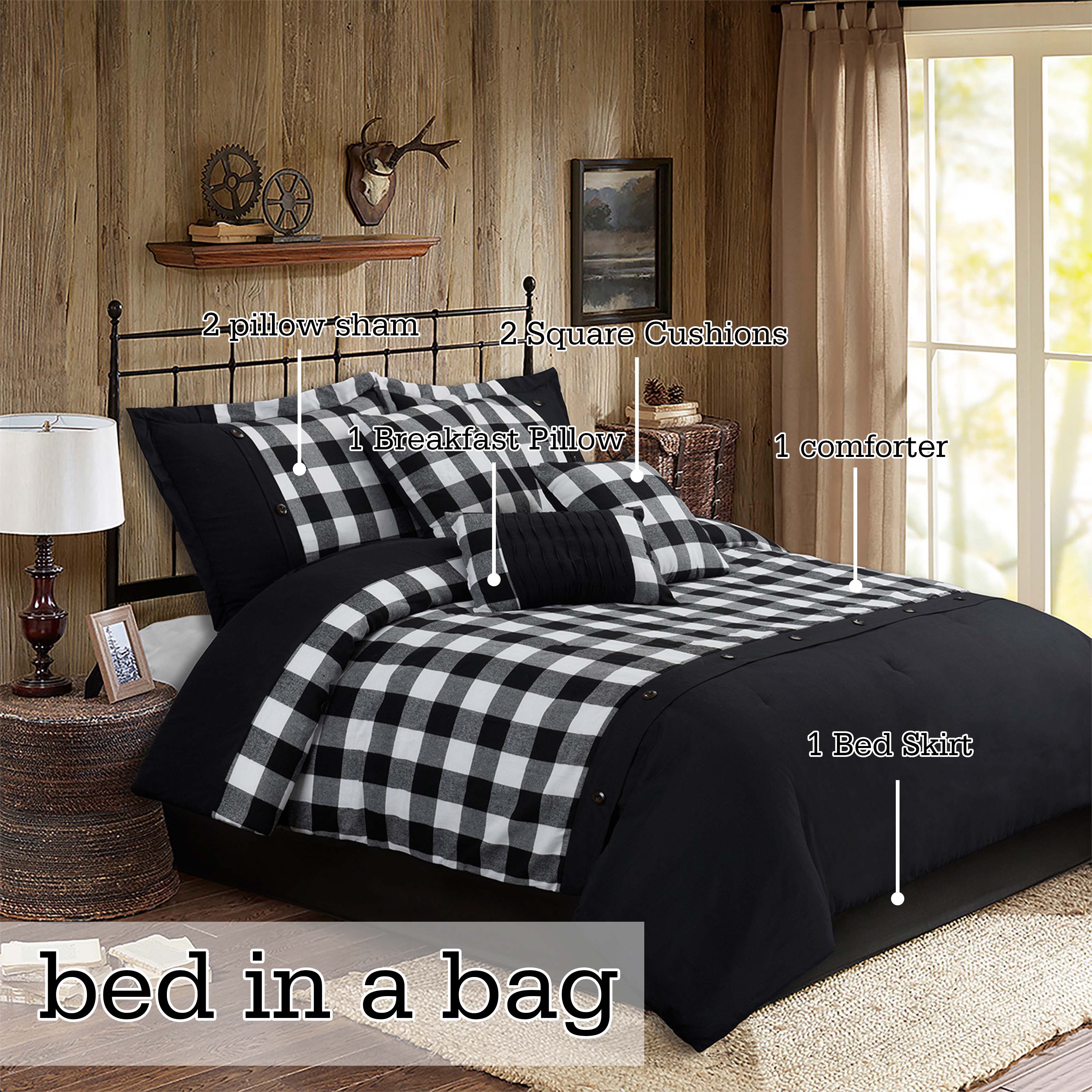 HIG Buffalo Plaid 7 Piece Black and White Bed in A Bag with Buttons, Modern Patchwork Color Block Comforter Set