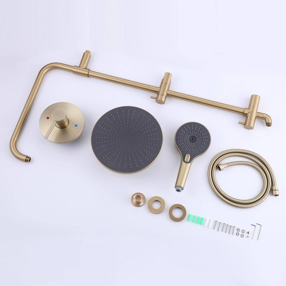 Tomfaucet 2-Spray Patterns 10 in. Wall Mount Dual Shower Heads with 3-Setting Hand Shower System in Brushed Gold TFK0113BG