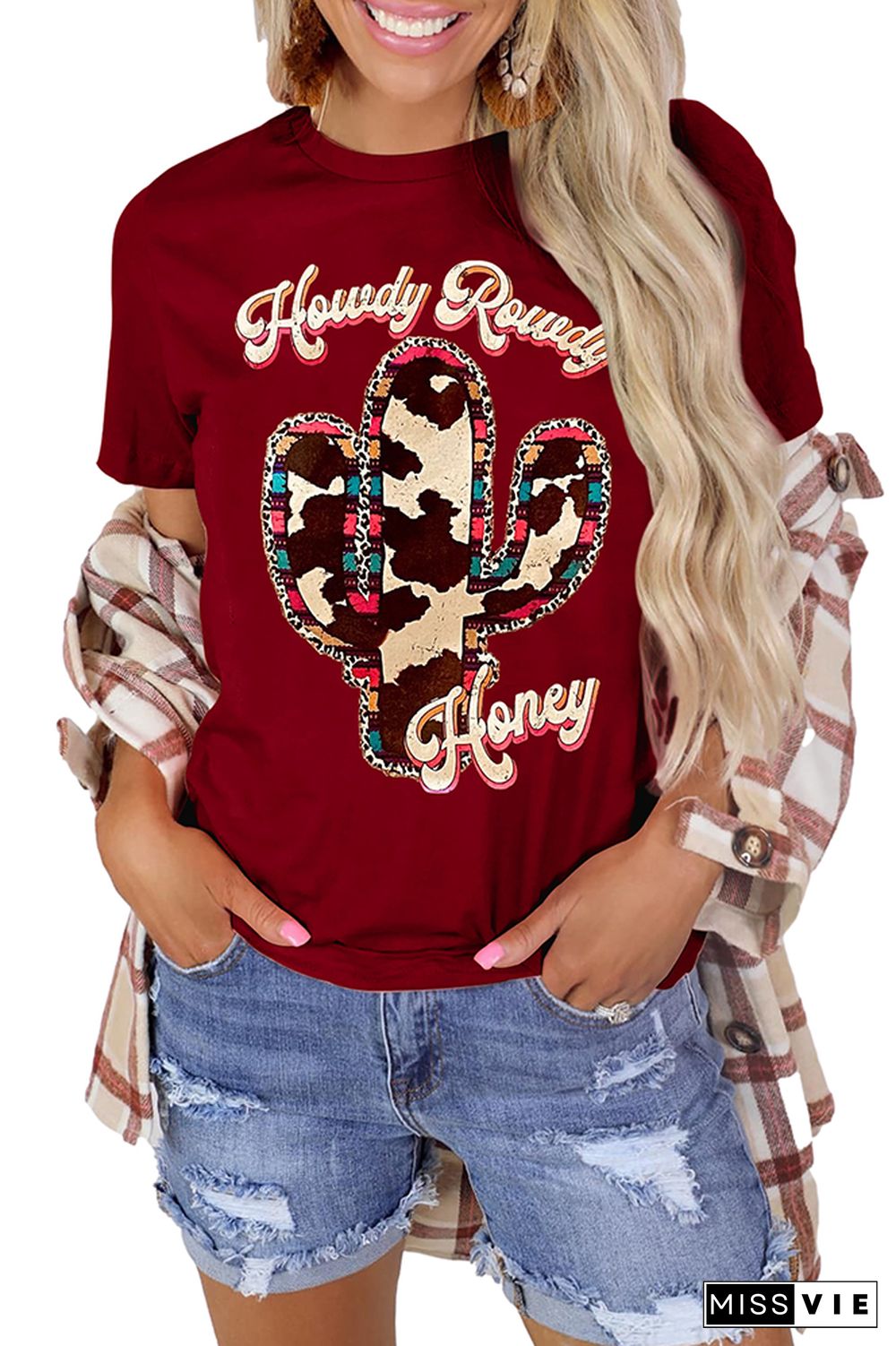 Howdy Rowdy And Honey Print Graphic Tees for Women Wholesale Short Sleeve T shirts Top