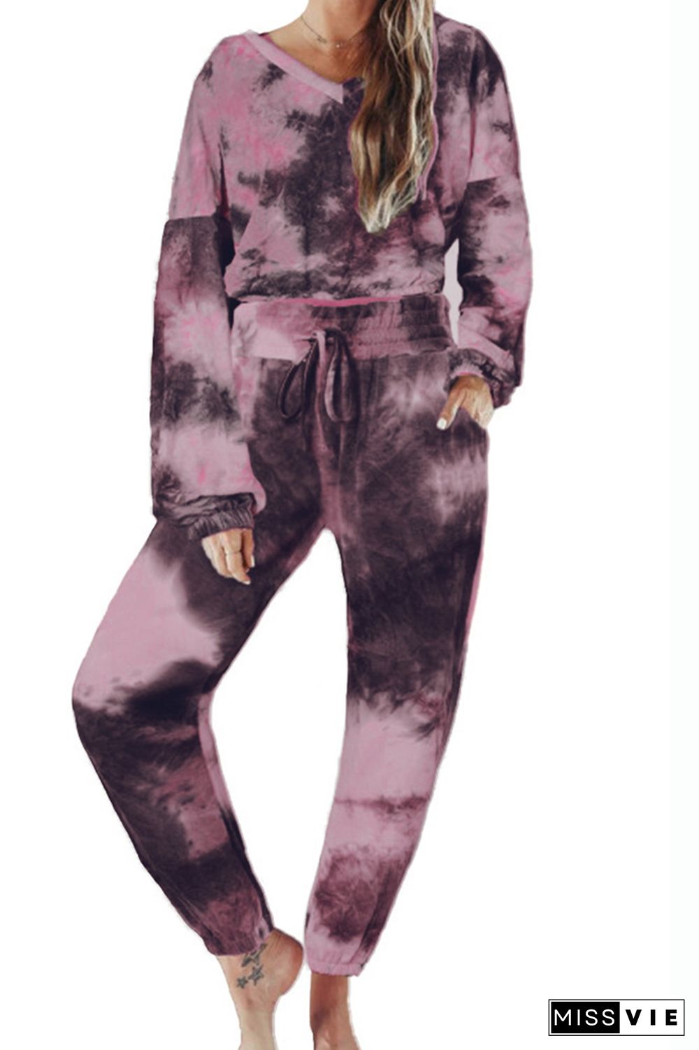 Fashion Purple Tie Dye Drawstring Long Sleeves Tops & Pants Sports Set Wholesale