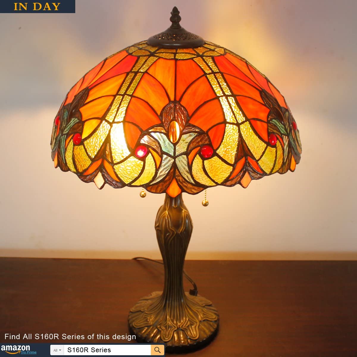 GEDUBIUBOO  Table Lamp Red Liaison Stained Glass Style Bedside Lamp 16X16X24 Inches Antique Desk Reading Light Metal Base Decor Bedroom Living Room  Office S160R Series