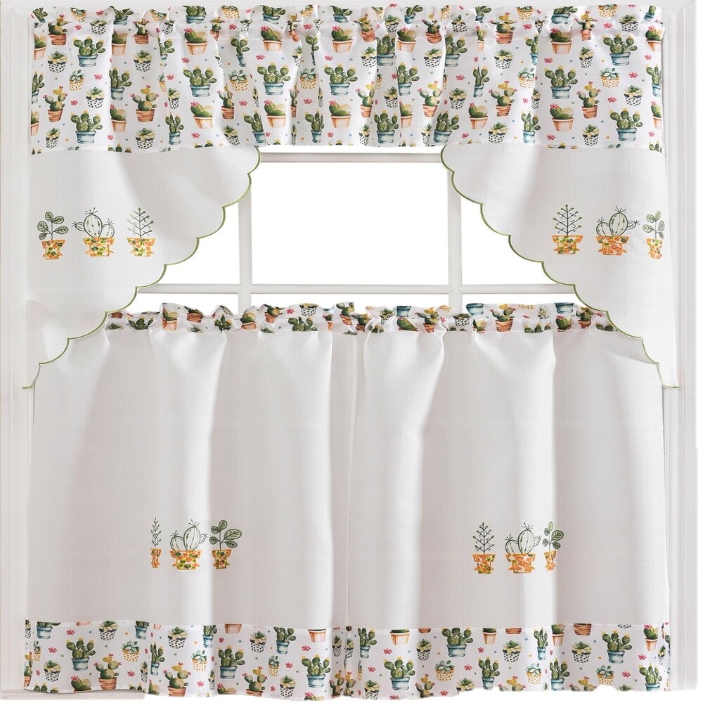 Urban Cactus Printed   Embroidered Kitchen Curtain Set