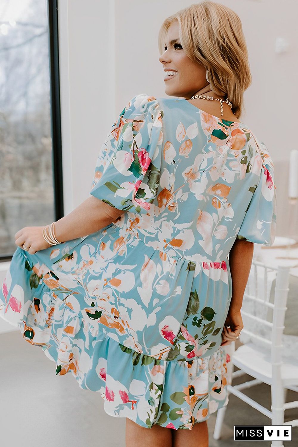 Sky Blue Floral Print Ruffled Puff Sleeve Plus Size Mini Dress