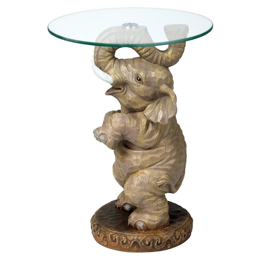 Design Toscano Good Fortune Elephant Sculpture Glass Topped Table   16 x 16 x 21.5