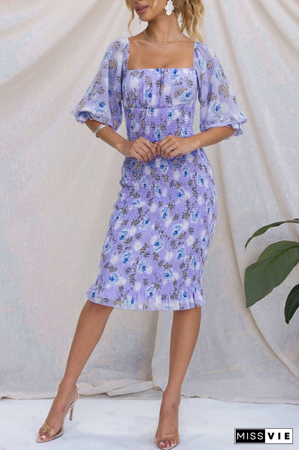 Square Neck Puff Sleeves Floral Slim Dress