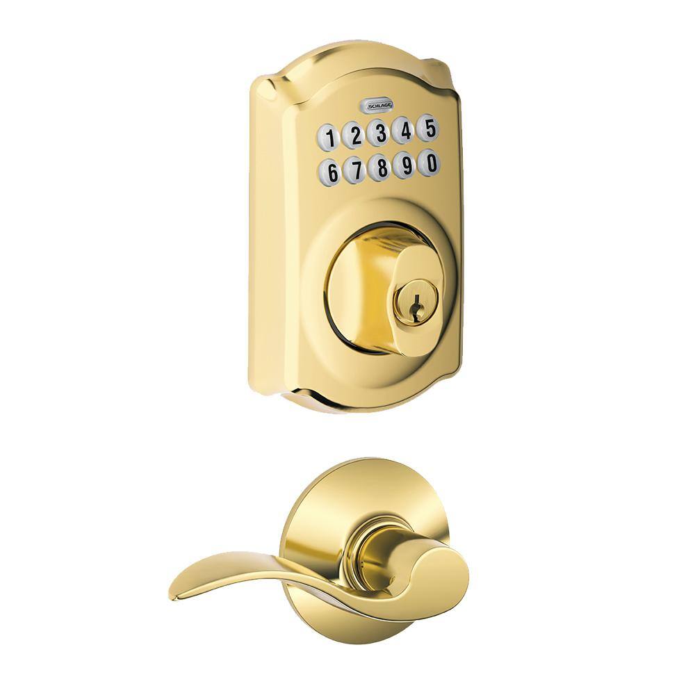 Schlage Camelot Keypad Electronic Door Lock Deadbolt and Accent Handle in Bright Brass BE365 CAM F10 ACC 605